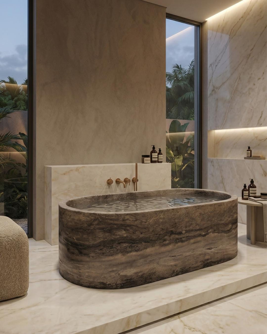 Silver Travertine Bathtub, Freestanding Stone Tub, Luxury Marble Bath, Natural Stone Soaking Tub, Custom Handcarved Bathroom Basin