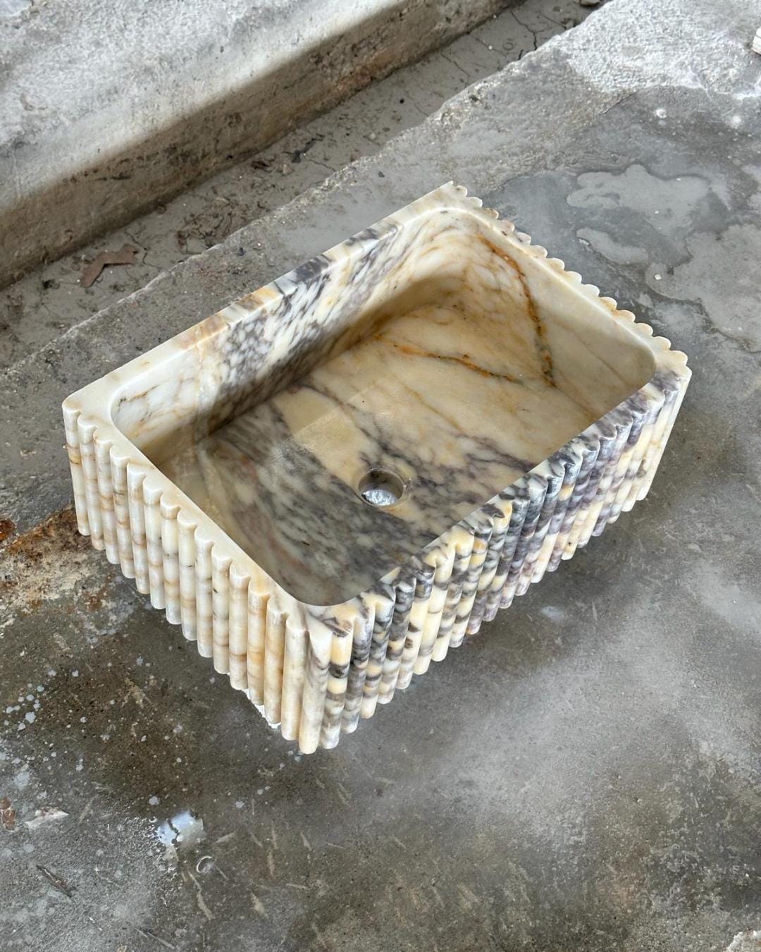 Calacatta Viola Fluted Marble Sink, Custom Wall Mount Bathroom Basin, Hand Carved Stone Washbasin
