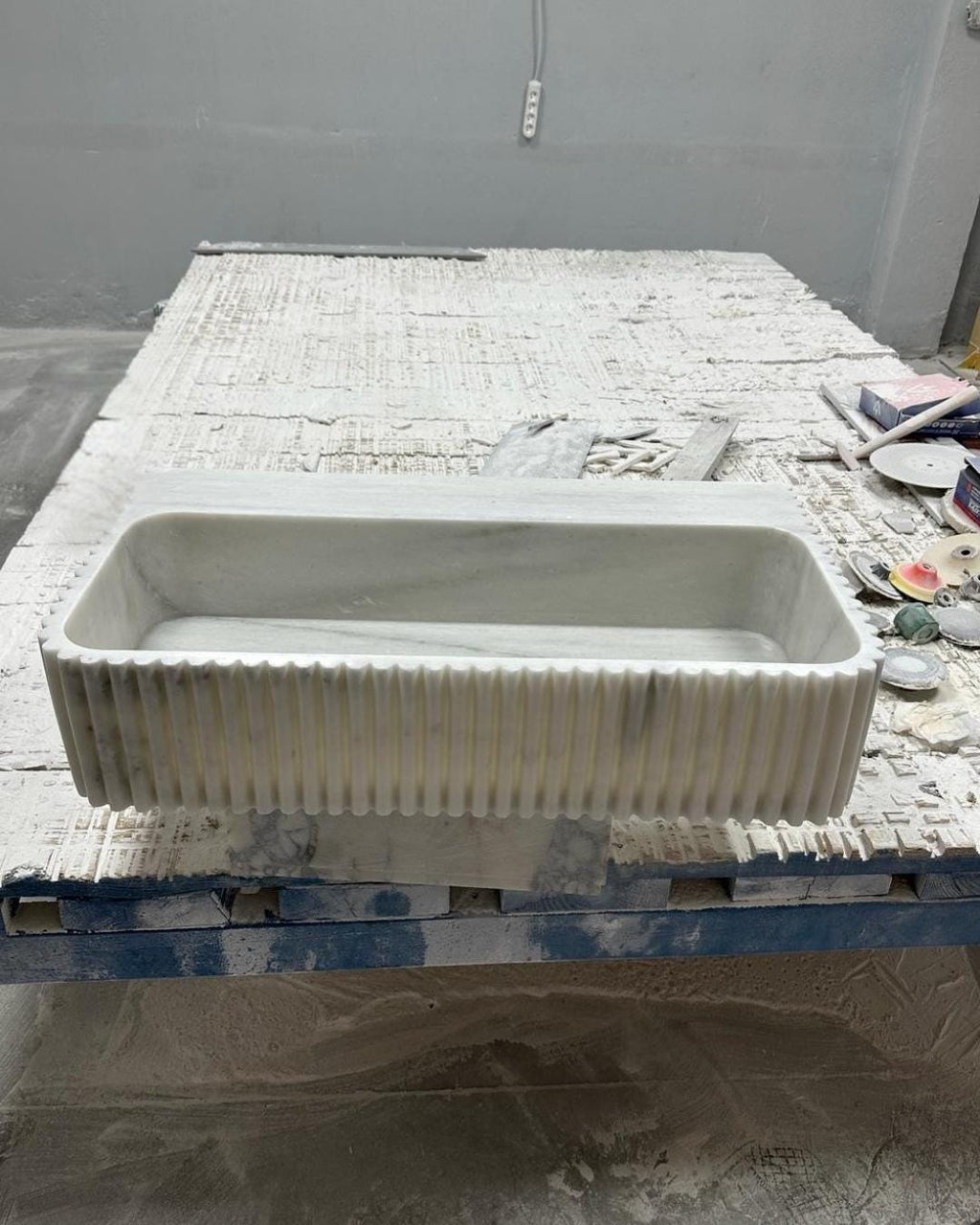 Carrara Marble Fluted Sink, Hand Carved Stone Bathroom Basin, Luxury White Marble Vanity Sink, Custom Wall Mounted or Countertop