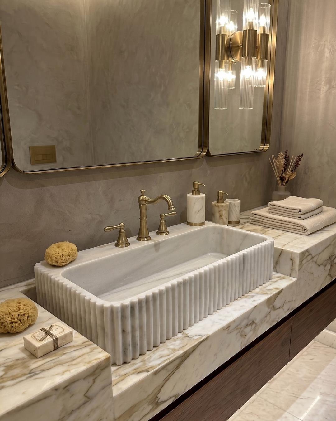 Carrara Marble Fluted Sink, Hand Carved Stone Bathroom Basin, Luxury White Marble Vanity Sink, Custom Wall Mounted or Countertop
