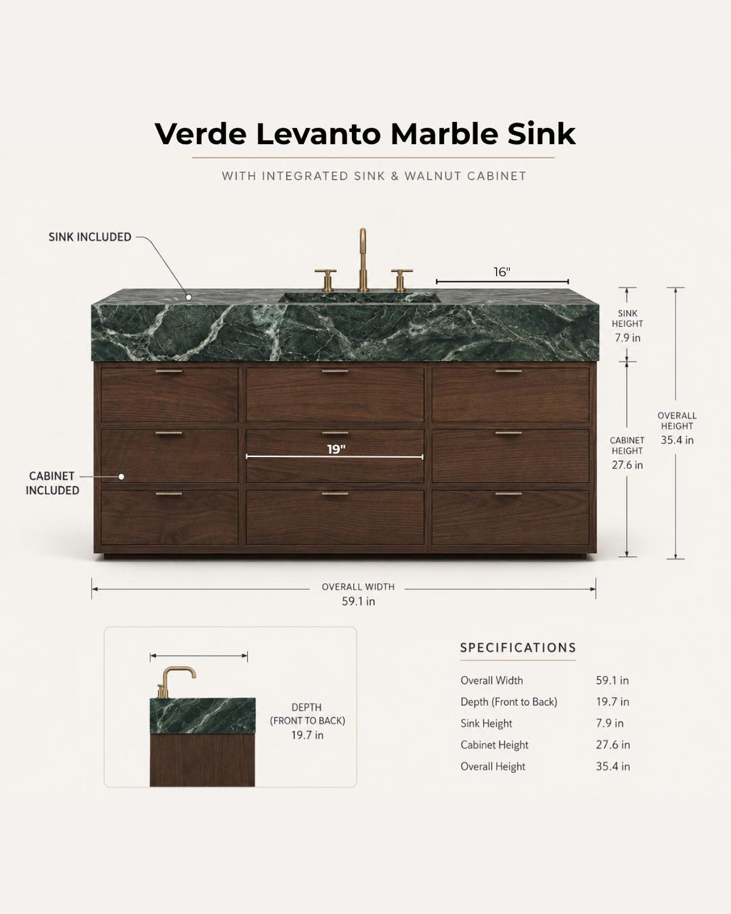 Verde Levanto Marble Vanity with Sink and Walnut Cabinet,Green Marble Bathroom Vanity, Custom Marble Sink Cabinet, Luxury Bathroom Furniture