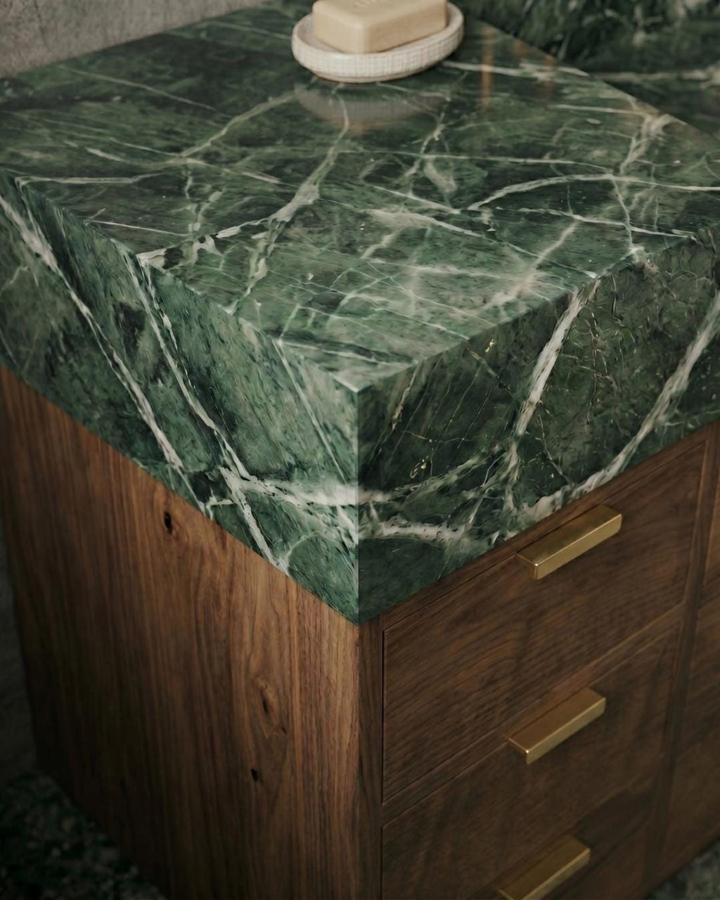 Verde Levanto Marble Vanity with Sink and Walnut Cabinet,Green Marble Bathroom Vanity, Custom Marble Sink Cabinet, Luxury Bathroom Furniture