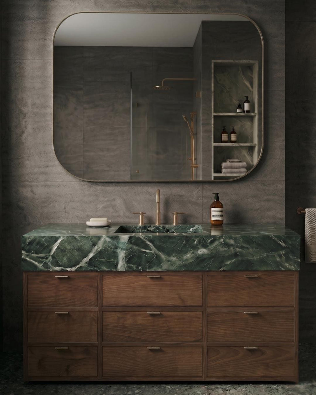 Verde Levanto Marble Vanity with Sink and Walnut Cabinet,Green Marble Bathroom Vanity, Custom Marble Sink Cabinet, Luxury Bathroom Furniture