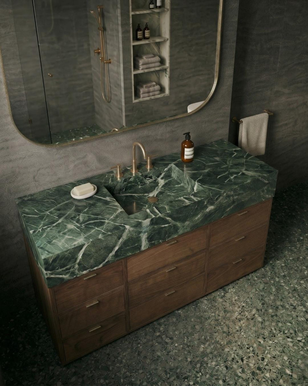 Verde Levanto Marble Vanity with Sink and Walnut Cabinet,Green Marble Bathroom Vanity, Custom Marble Sink Cabinet, Luxury Bathroom Furniture