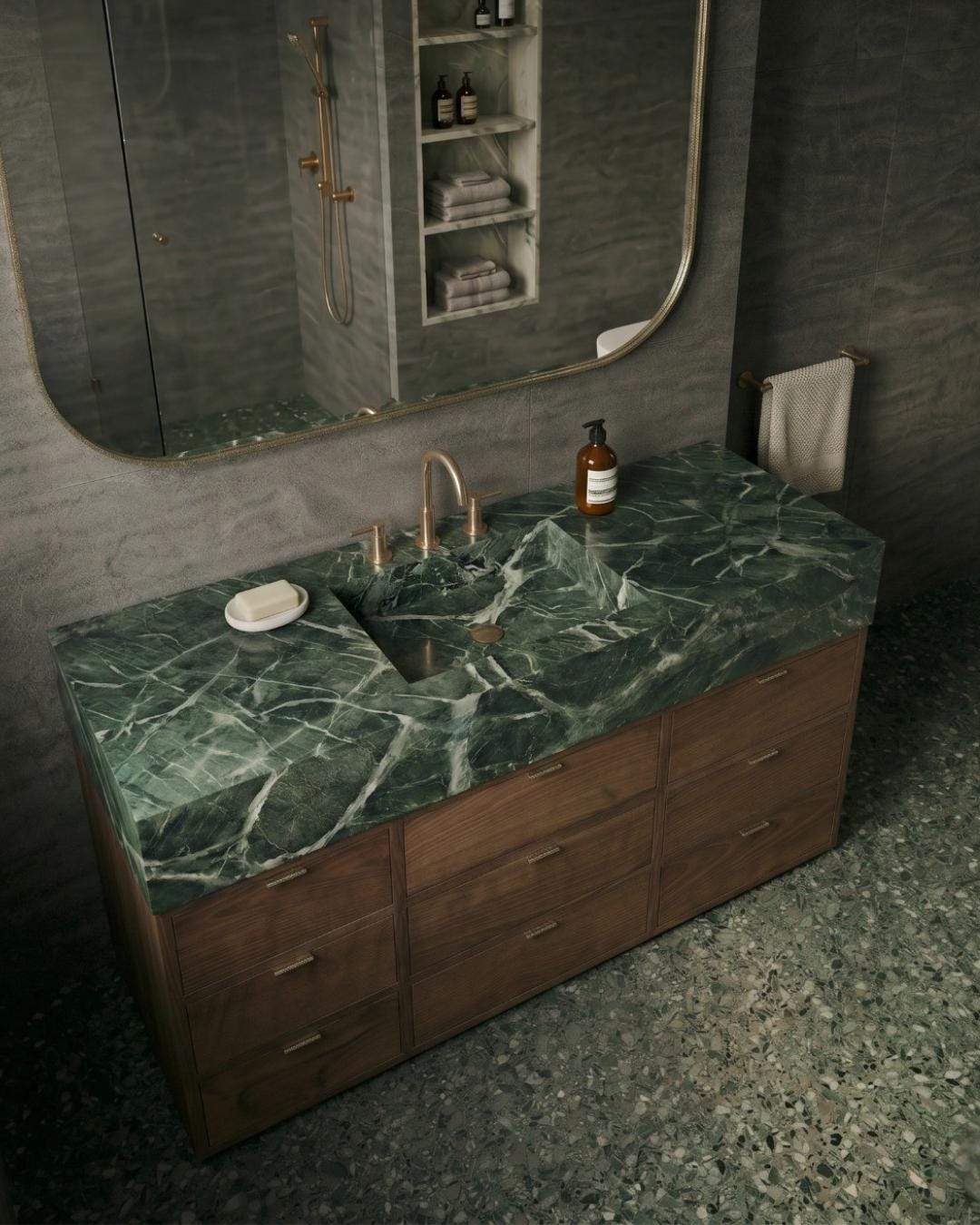 Verde Levanto Marble Vanity with Sink and Walnut Cabinet,Green Marble Bathroom Vanity, Custom Marble Sink Cabinet, Luxury Bathroom Furniture