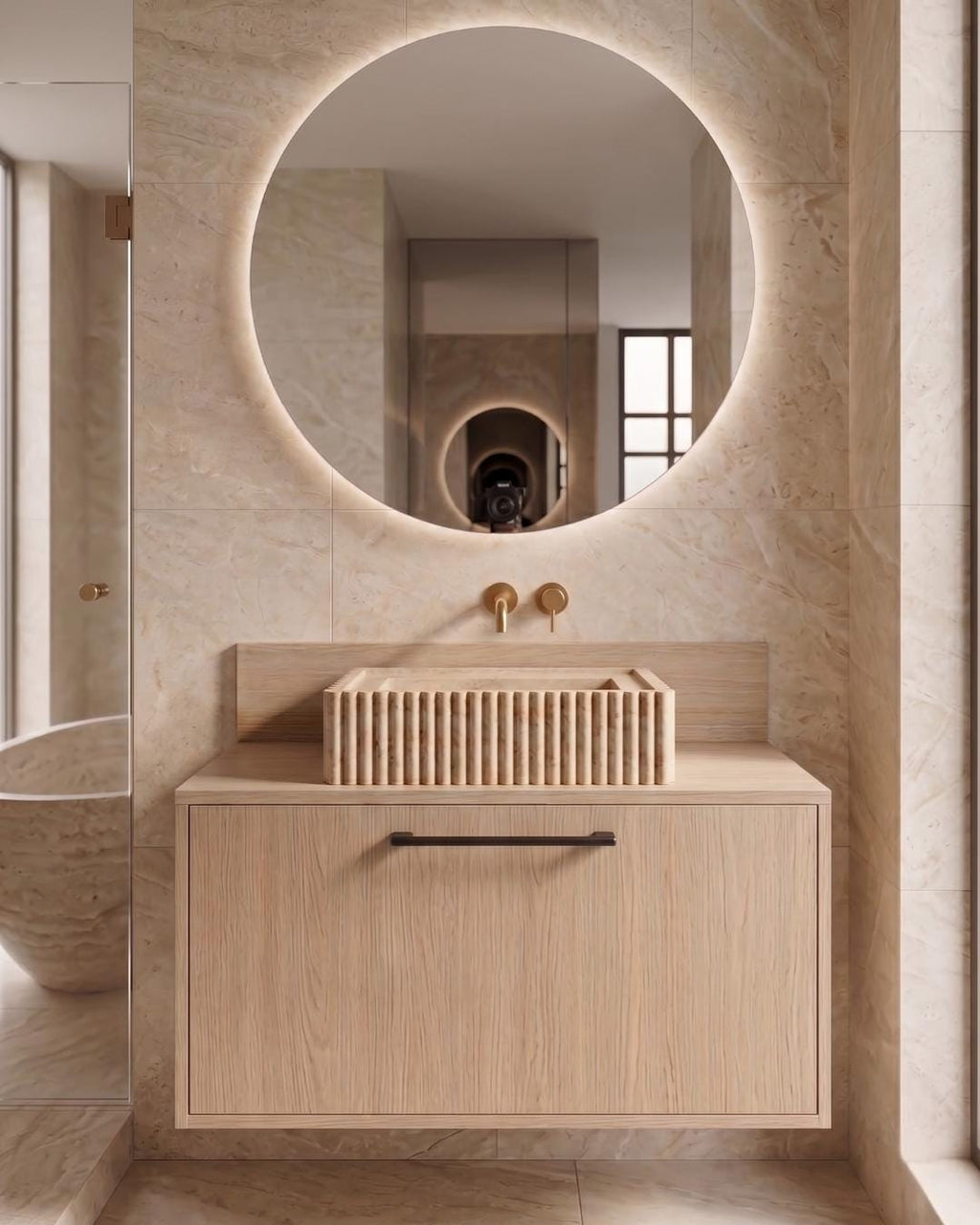 Travertine Bathroom Vanity with Sink and Wood Cabinet, Fluted Stone Vessel, Luxury Bathroom Furniture