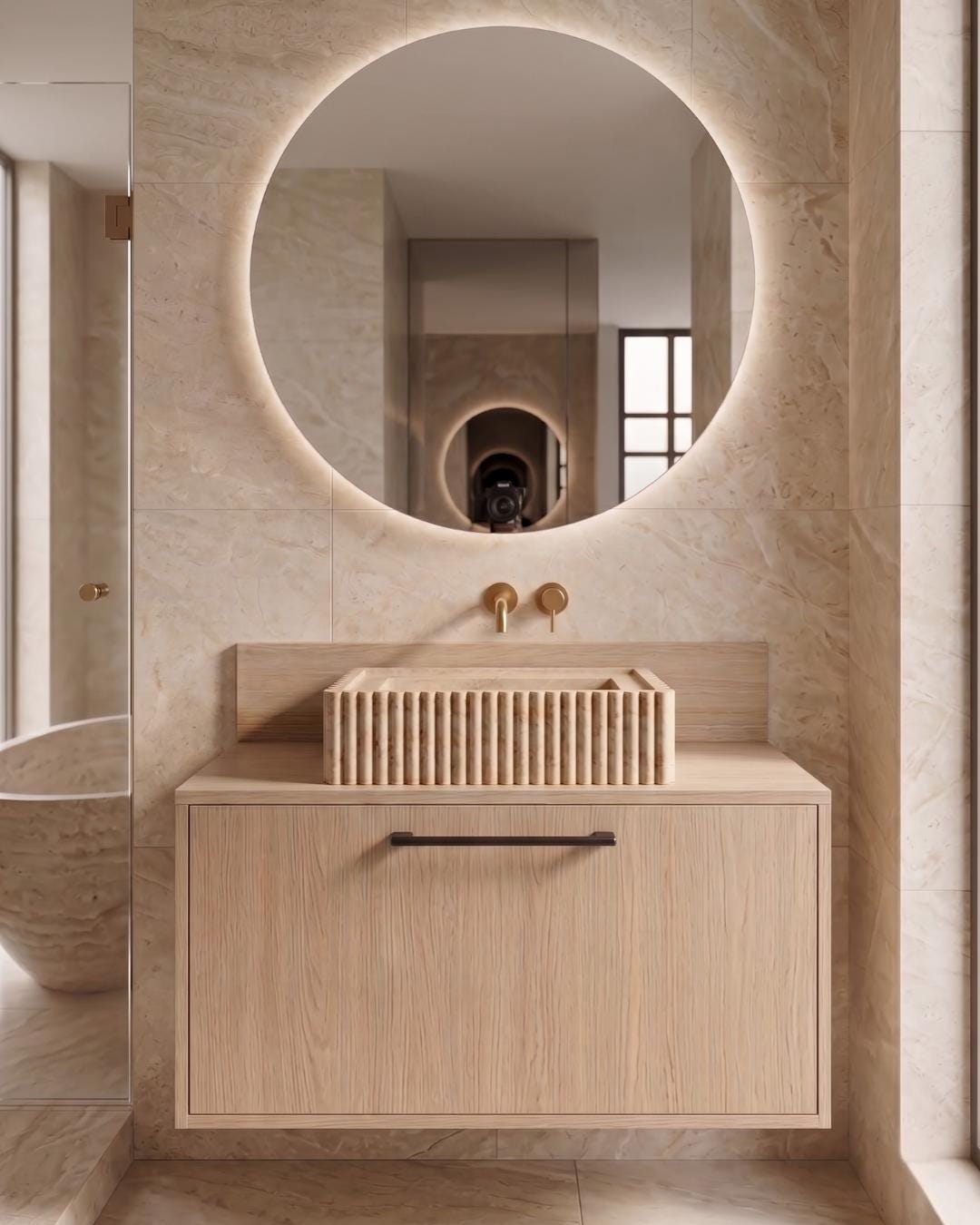 Travertine Bathroom Vanity with Sink and Wood Cabinet, Fluted Stone Vessel, Luxury Bathroom Furniture