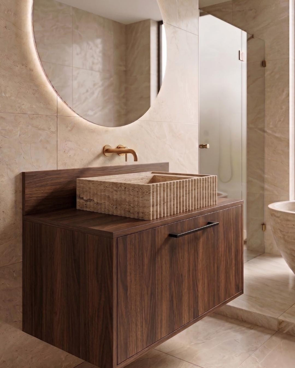 Travertine Bathroom Vanity with Sink and Wood Cabinet, Fluted Stone Vessel, Luxury Bathroom Furniture