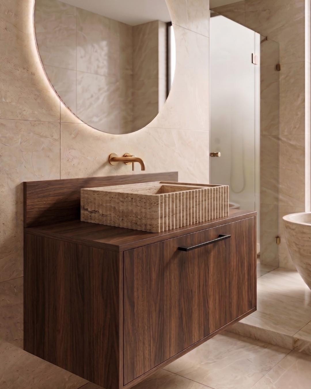 Travertine Bathroom Vanity with Sink and Wood Cabinet, Fluted Stone Vessel, Luxury Bathroom Furniture