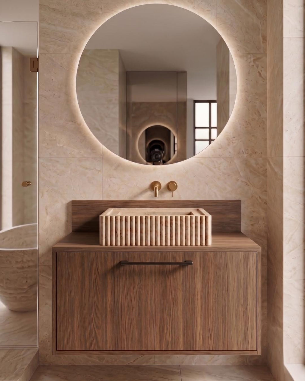 Travertine Bathroom Vanity with Sink and Wood Cabinet, Fluted Stone Vessel, Luxury Bathroom Furniture