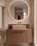 Travertine Bathroom Vanity with Sink and Wood Cabinet, Fluted Stone Vessel, Luxury Bathroom Furniture