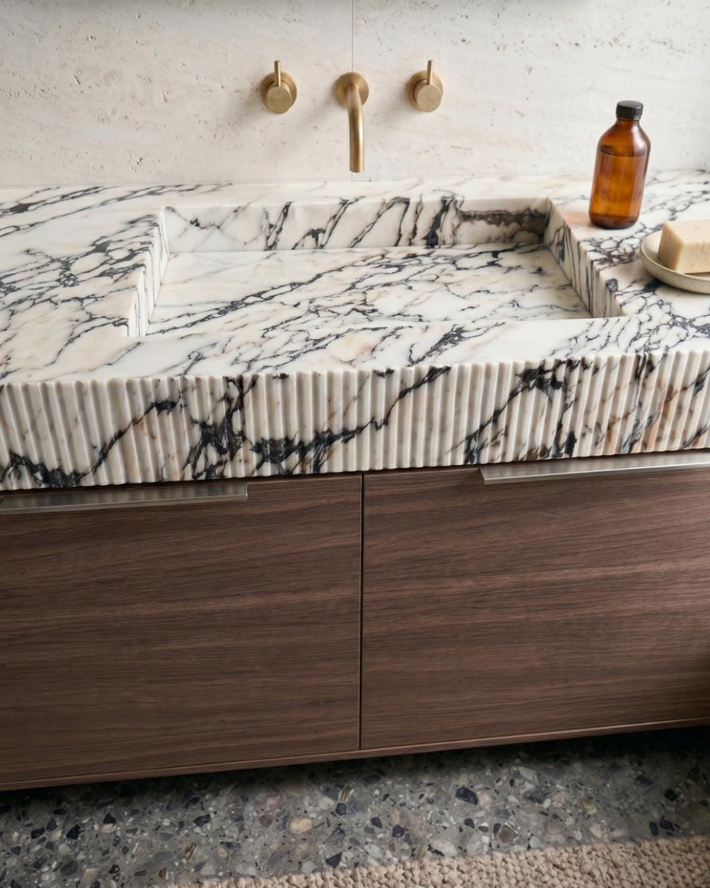Fluted Marble Bathroom Vanity with Sink and Wood Cabinet, Custom Stone Vanity, Luxury Bathroom Furniture, Marble Sink Cabinet