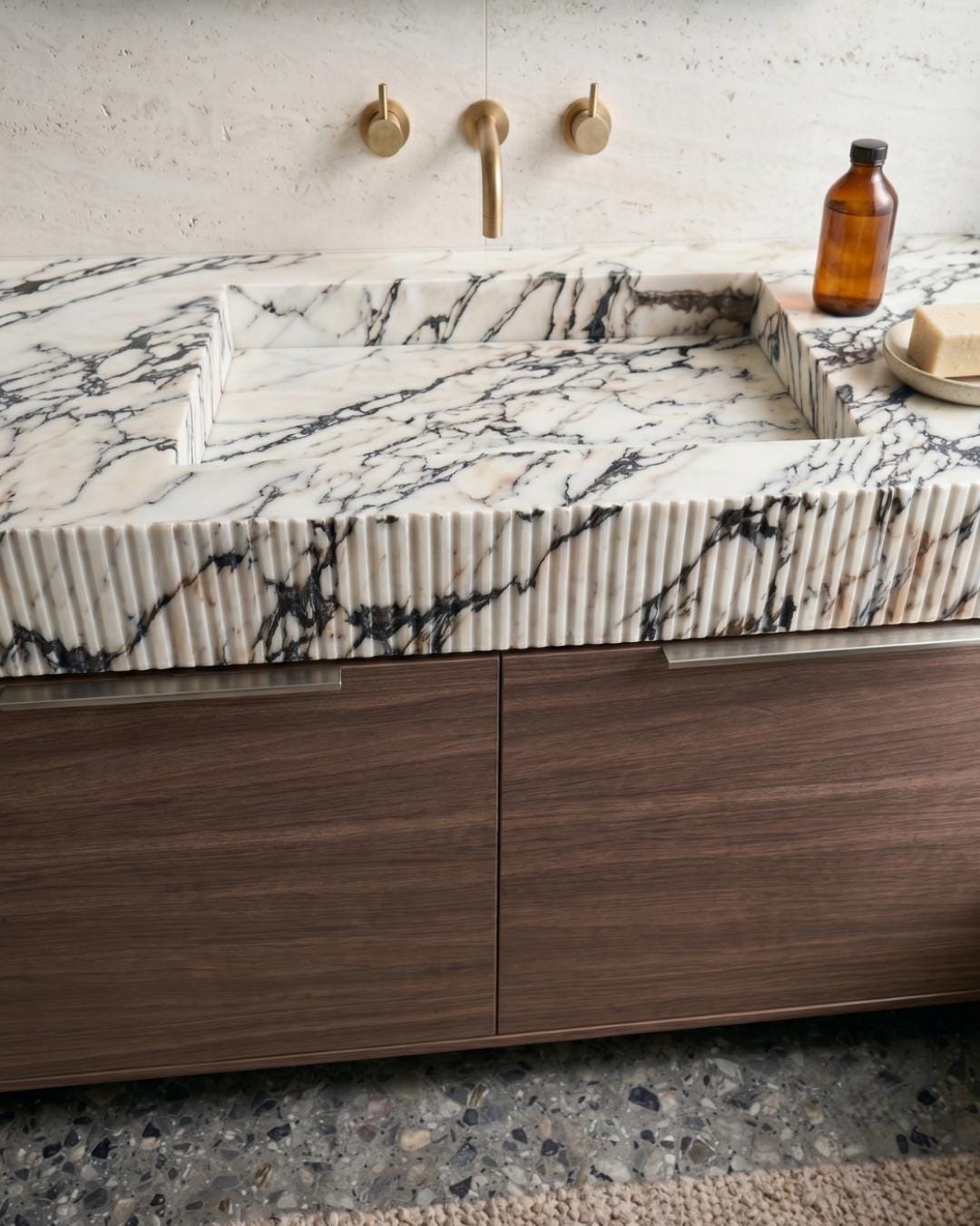 Fluted Marble Bathroom Vanity with Sink and Wood Cabinet, Custom Stone Vanity, Luxury Bathroom Furniture, Marble Sink Cabinet