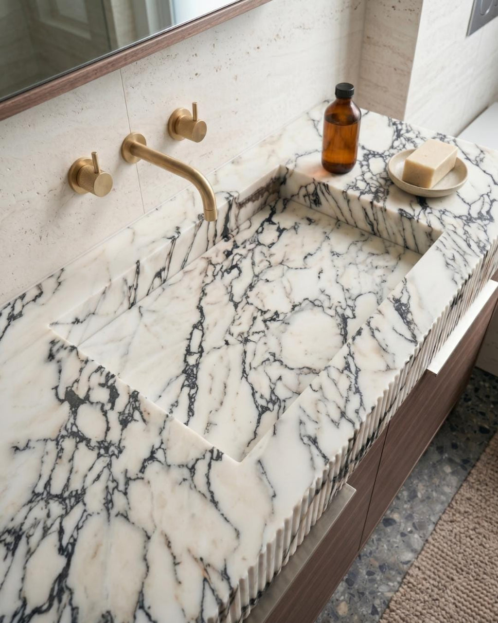Fluted Marble Bathroom Vanity with Sink and Wood Cabinet, Custom Stone Vanity, Luxury Bathroom Furniture, Marble Sink Cabinet