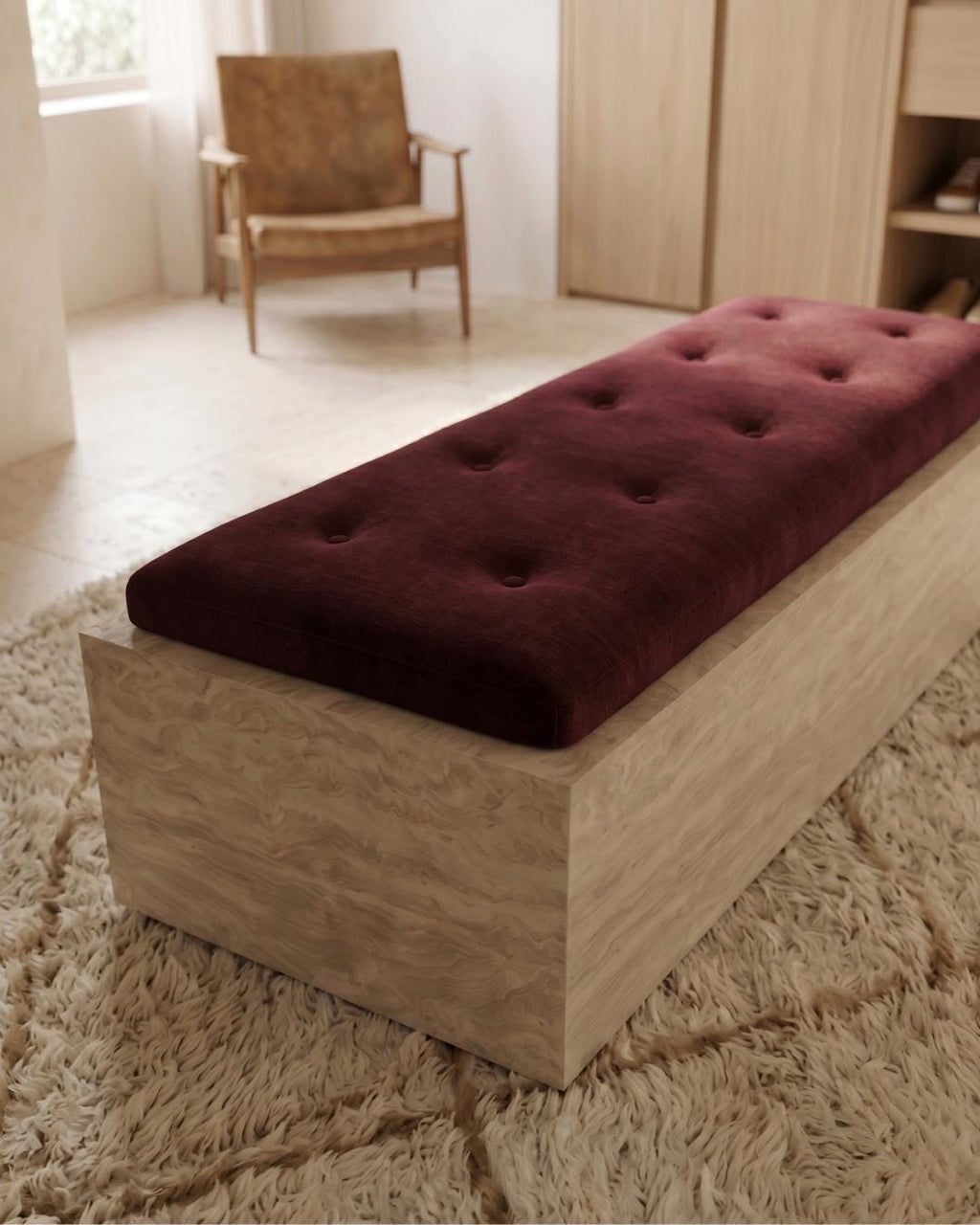 Travertine Upholstered Bench, Natural Stone Entryway Bench, Luxury Bedroom Bench, Custom Ottoman Seat, Handmade Furniture