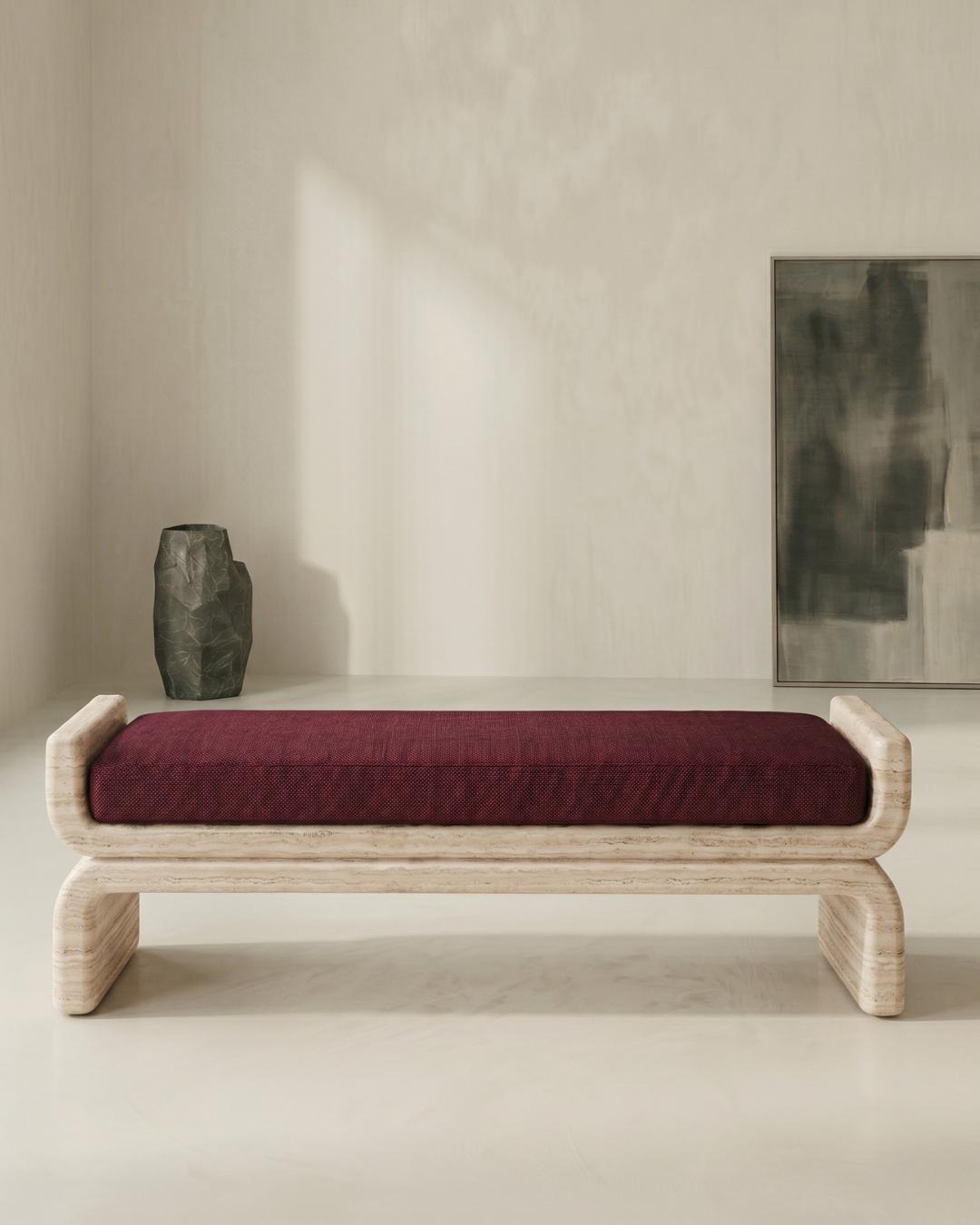 Travertine Upholstered Bench, Natural Stone Ottoman Seat, Handmade Luxury Furniture