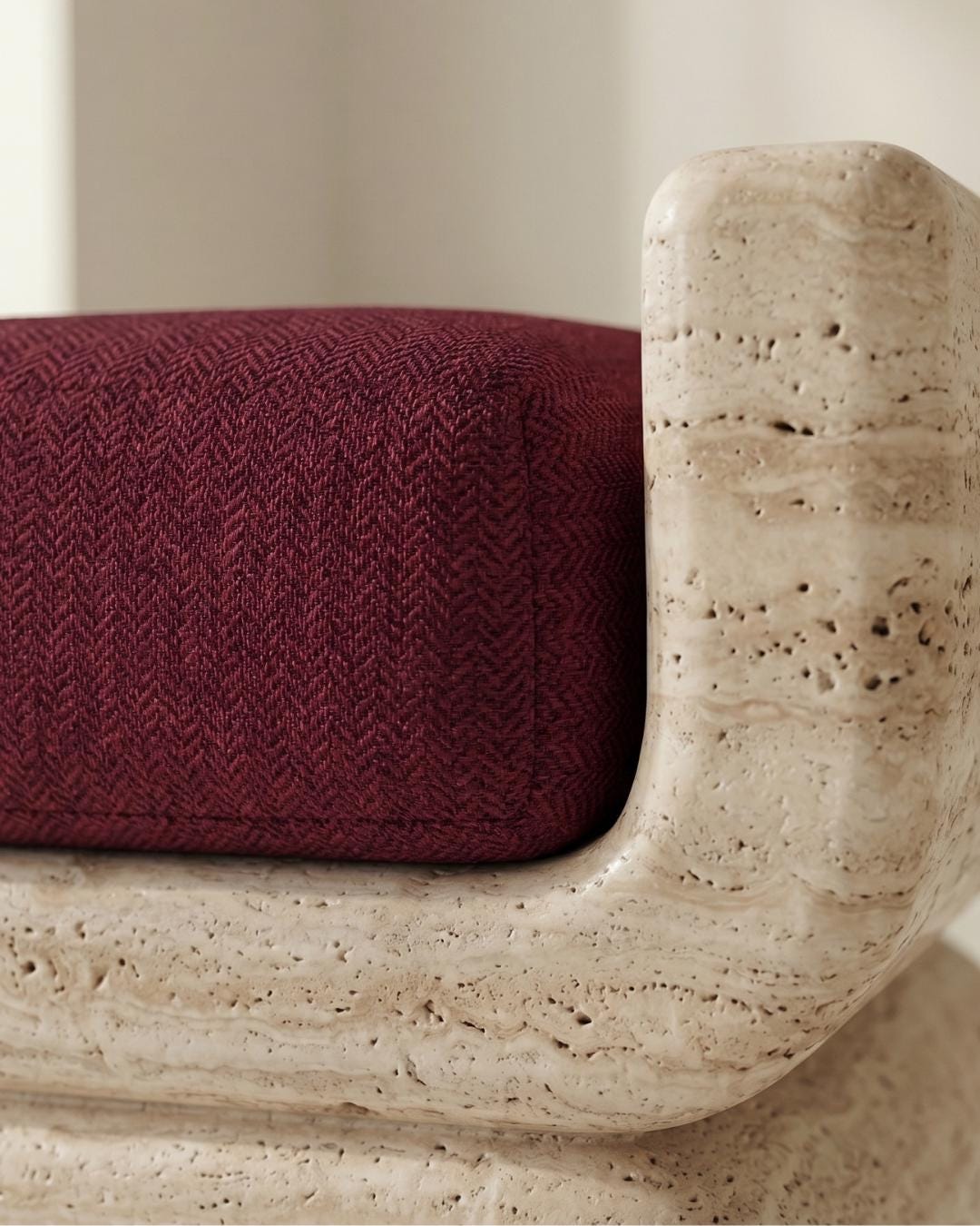 Travertine Upholstered Bench, Natural Stone Ottoman Seat, Handmade Luxury Furniture