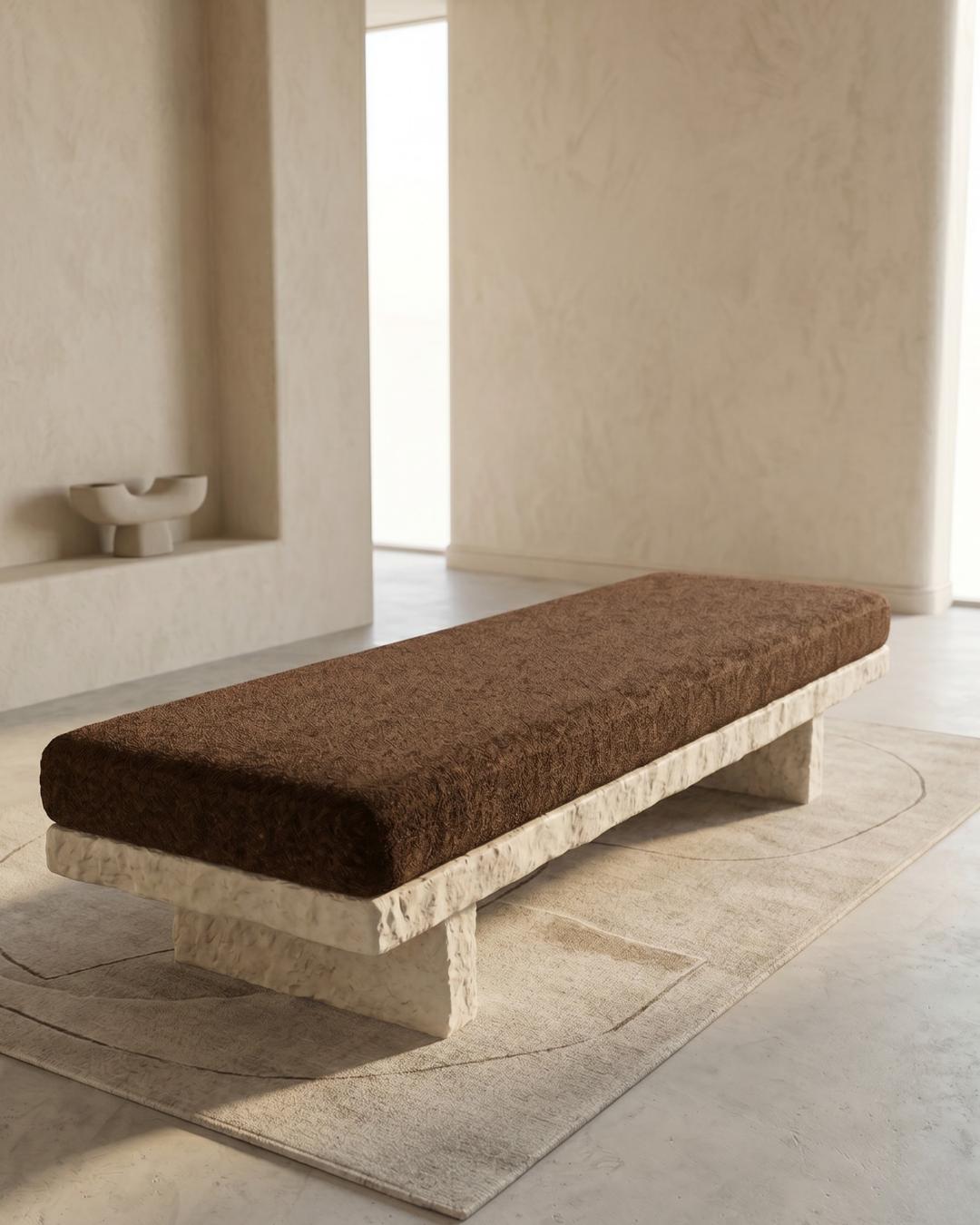 Travertine Natural Form Upholstered Bench, Natural Stone Ottoman Seat, Handmade Luxury Furniture