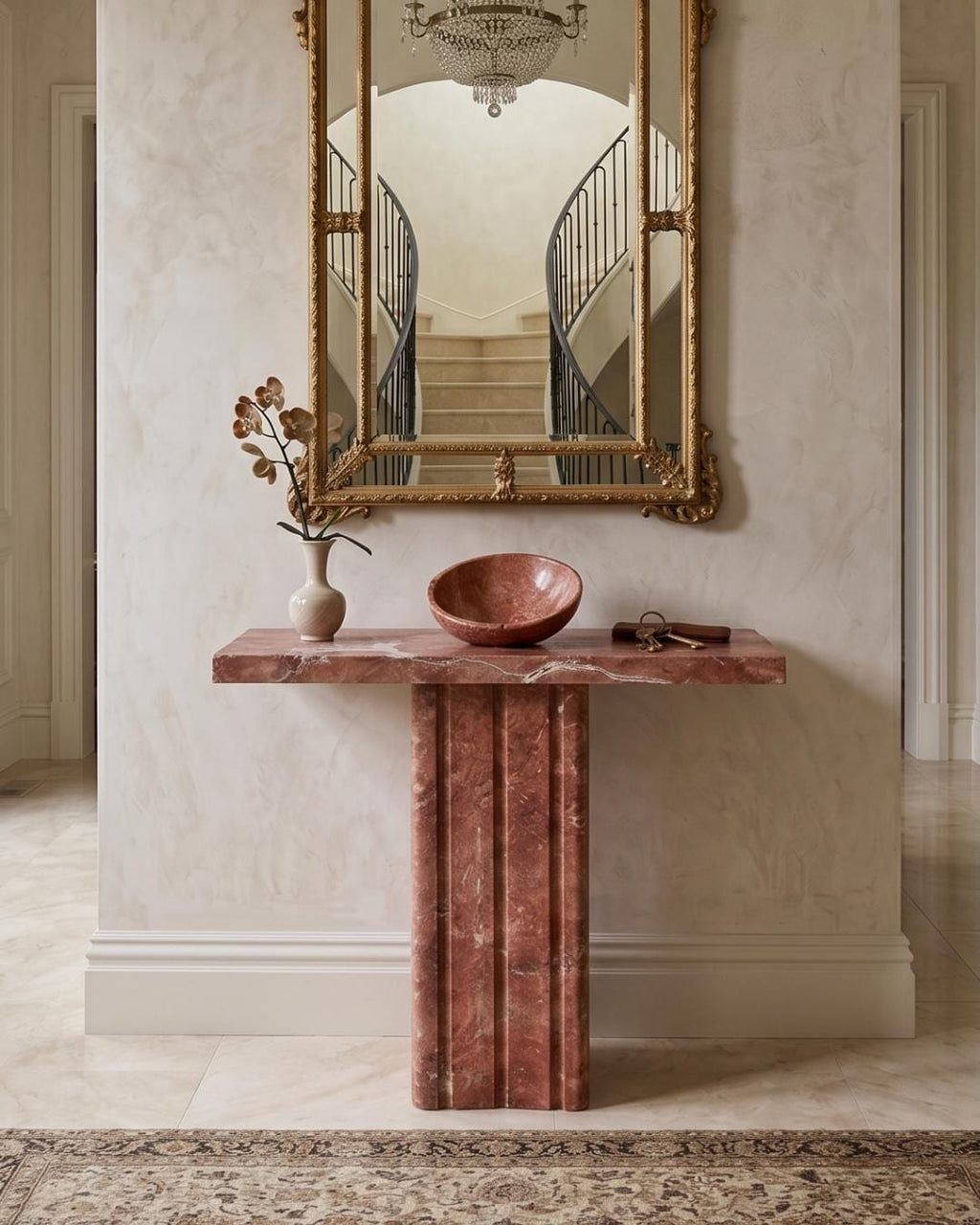 Red Travertine Console Table, Natural Stone Entryway Table, Fluted Pedestal Marble Hallway Table, Custom Luxury Stone Furniture
