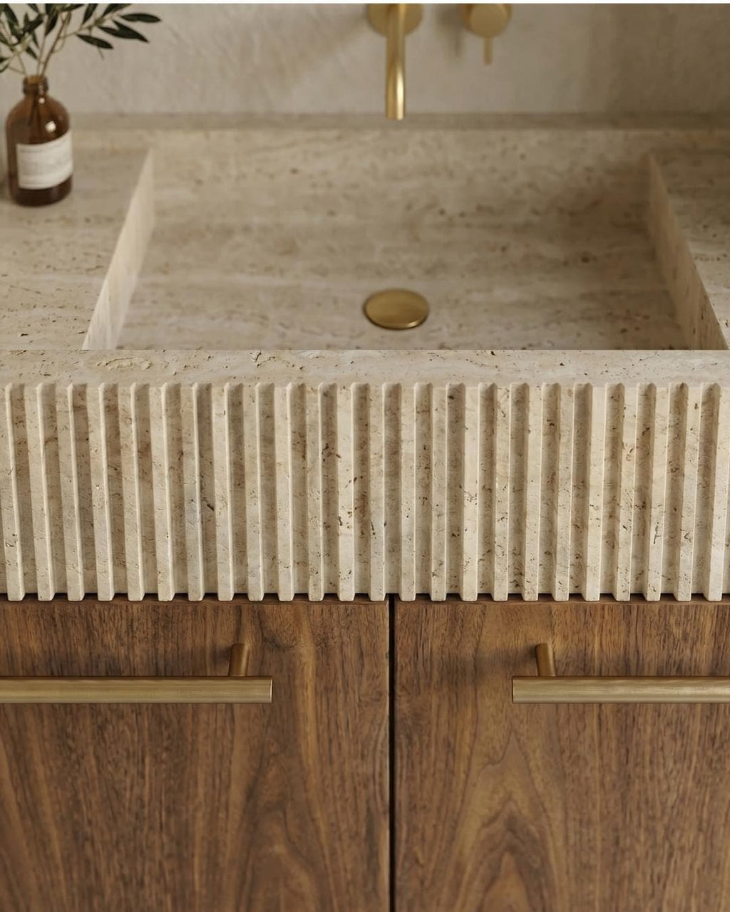 Travertine Floating Vanity, Fluted Sink, Wood Cabinet, Wall Mounted Bathroom Furniture