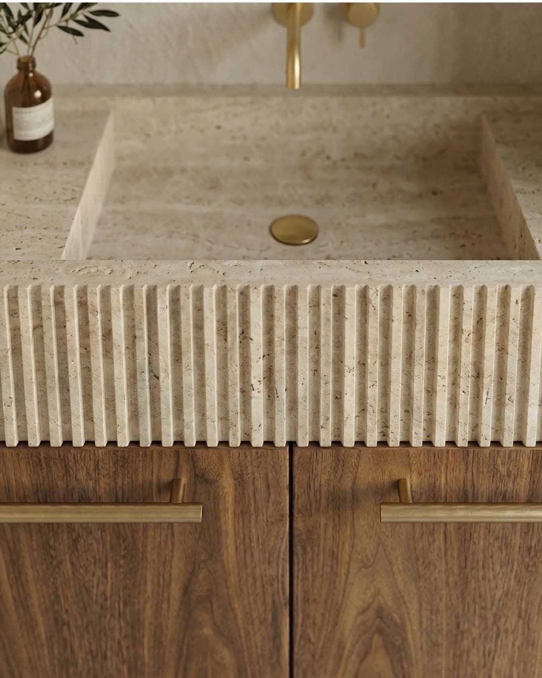 Travertine Floating Vanity, Fluted Sink, Wood Cabinet, Wall Mounted Bathroom Furniture