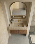 Travertine Floating Vanity, Fluted Sink, Wood Cabinet, Wall Mounted Bathroom Furniture