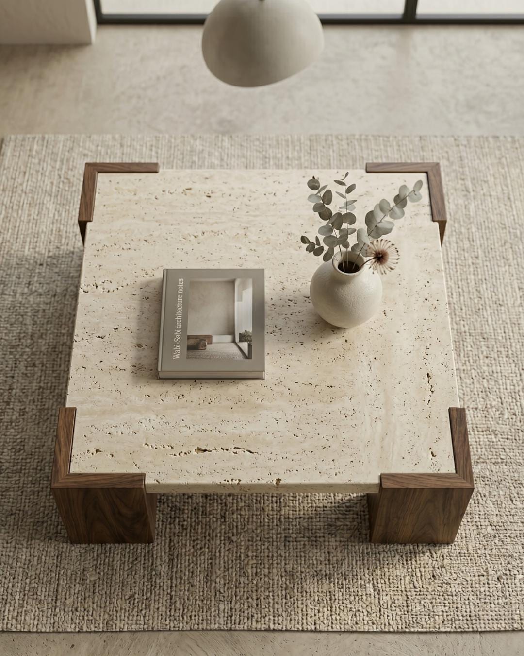 Travertine Coffee Table with Wood Legs, Natural Stone Center Table, Custom Modern Living Room Table, Luxury Handmade Furniture