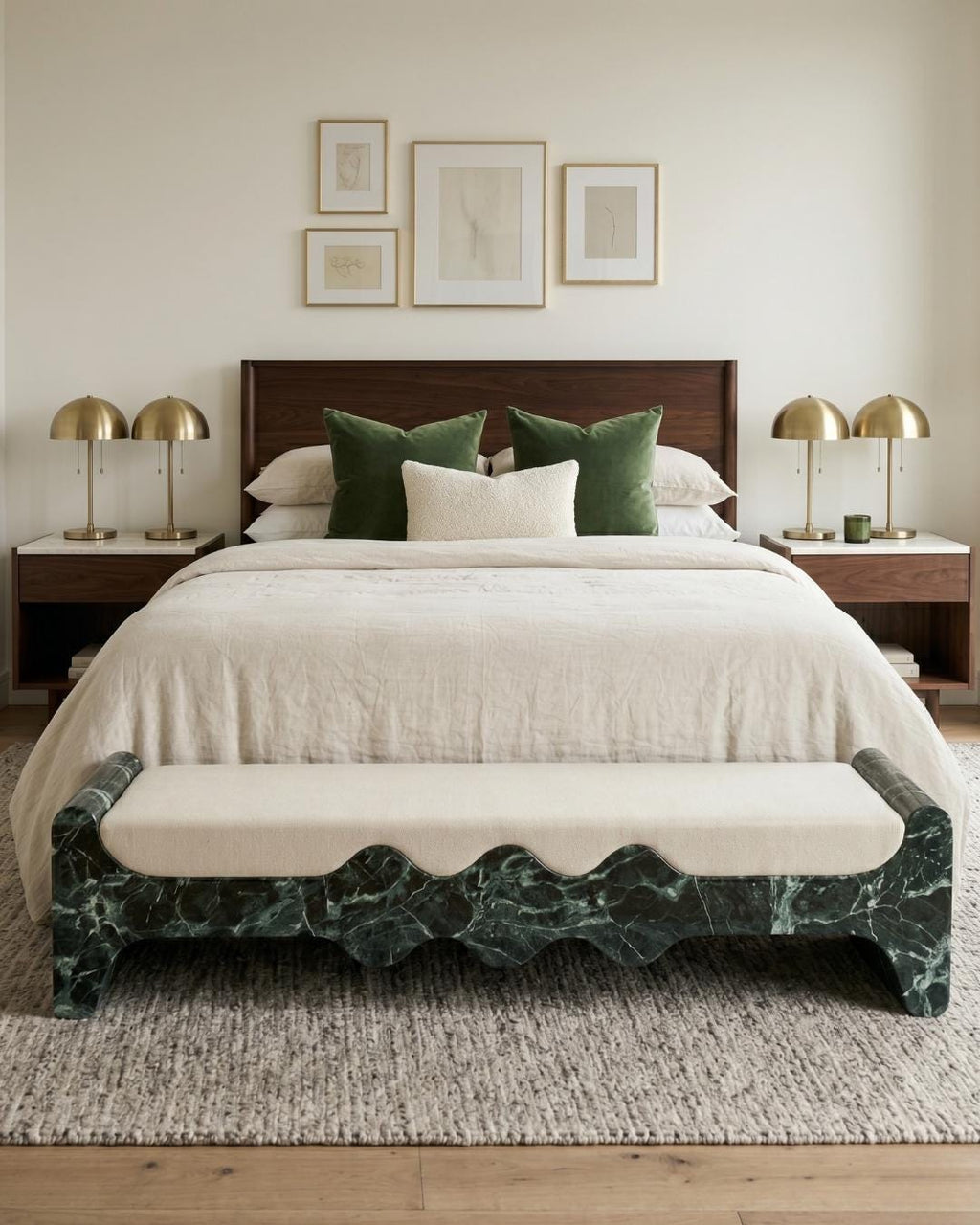 Green Marble Bench, Verde Levanto Ottoman Pouf, Luxury Stone Bench, Upholstered Bedroom Furniture