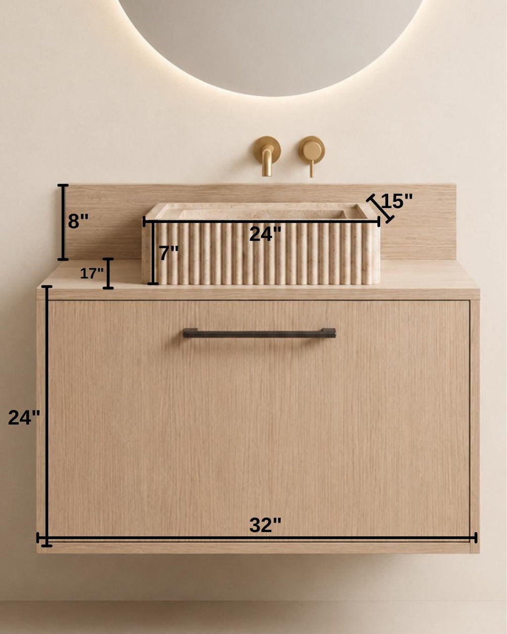 Travertine Bathroom Vanity with Sink and Wood Cabinet, Fluted Stone Vessel, Luxury Bathroom Furniture