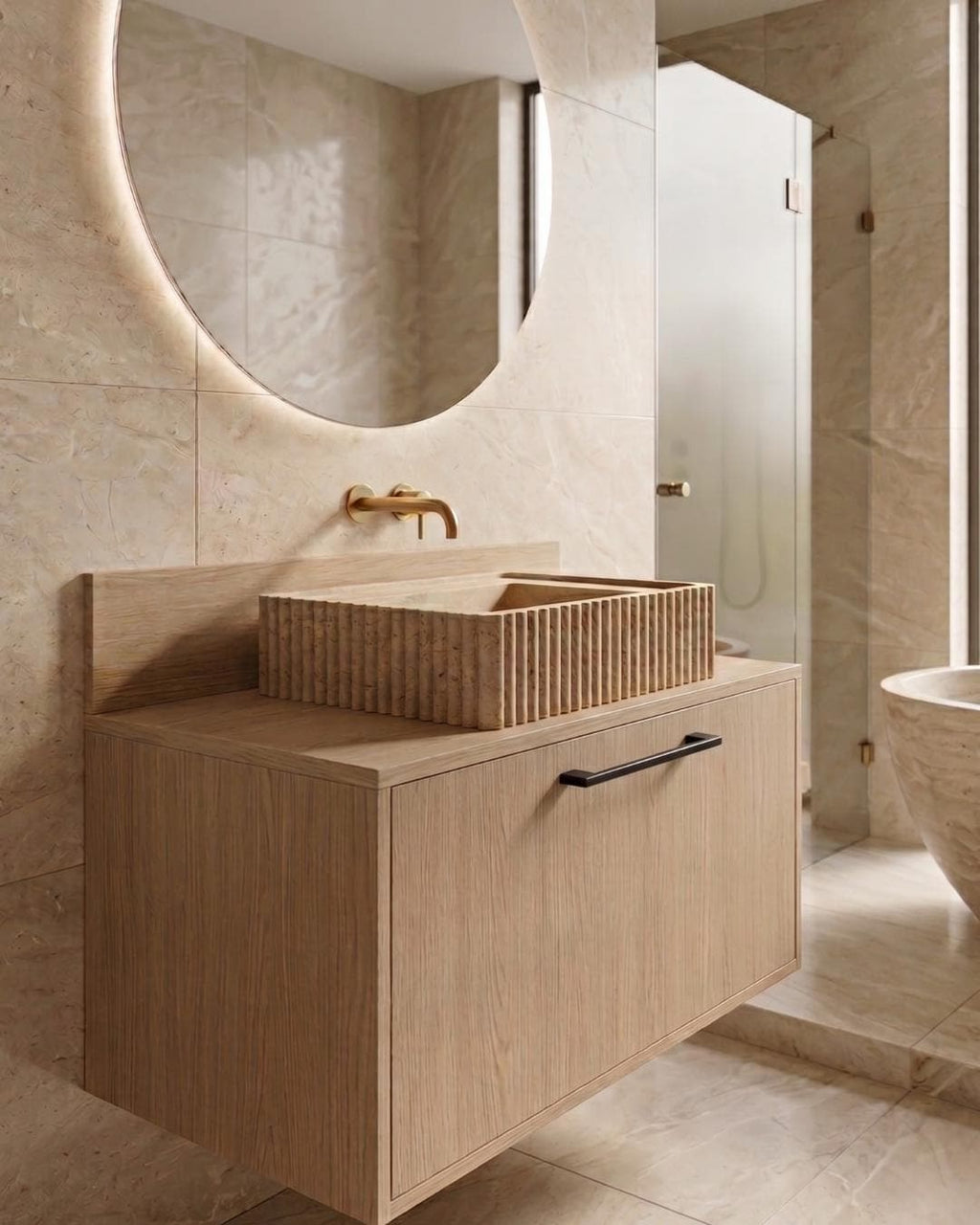 Travertine Bathroom Vanity with Sink and Wood Cabinet, Fluted Stone Vessel, Luxury Bathroom Furniture