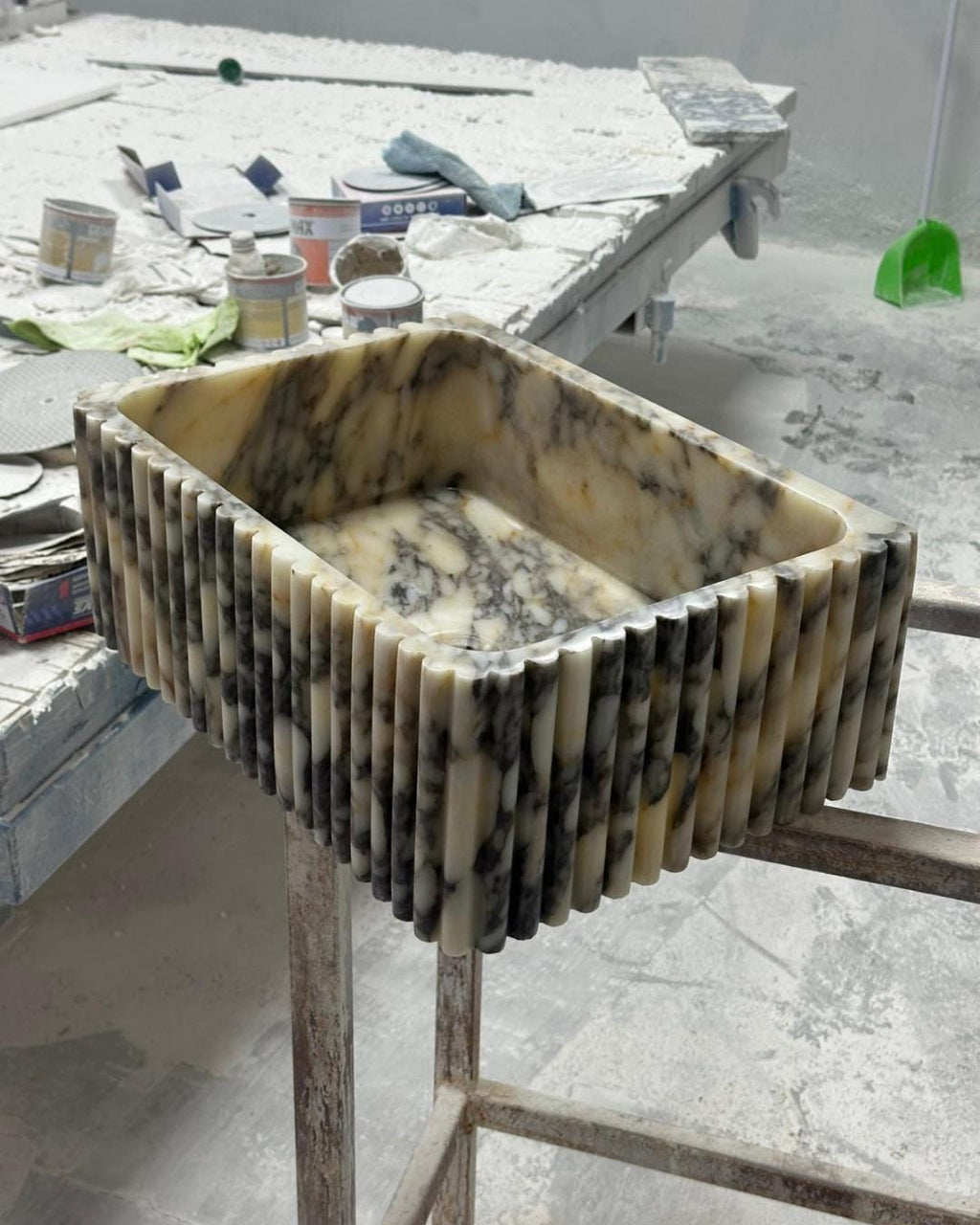 Calacatta Viola Marble Sink, Fluted Vessel Basin, Custom Size Wall Mounted Bathroom Sink, Hand Carved Stone Vanity