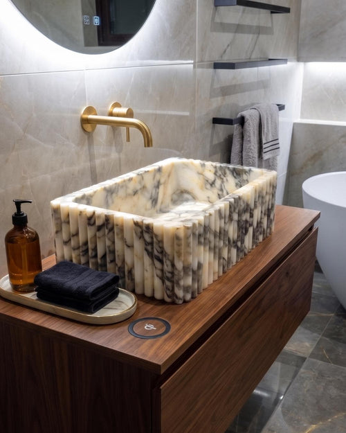 Calacatta Viola Marble Sink, Fluted Vessel Basin, Custom Size Wall Mounted Bathroom Sink, Hand Carved Stone Vanity