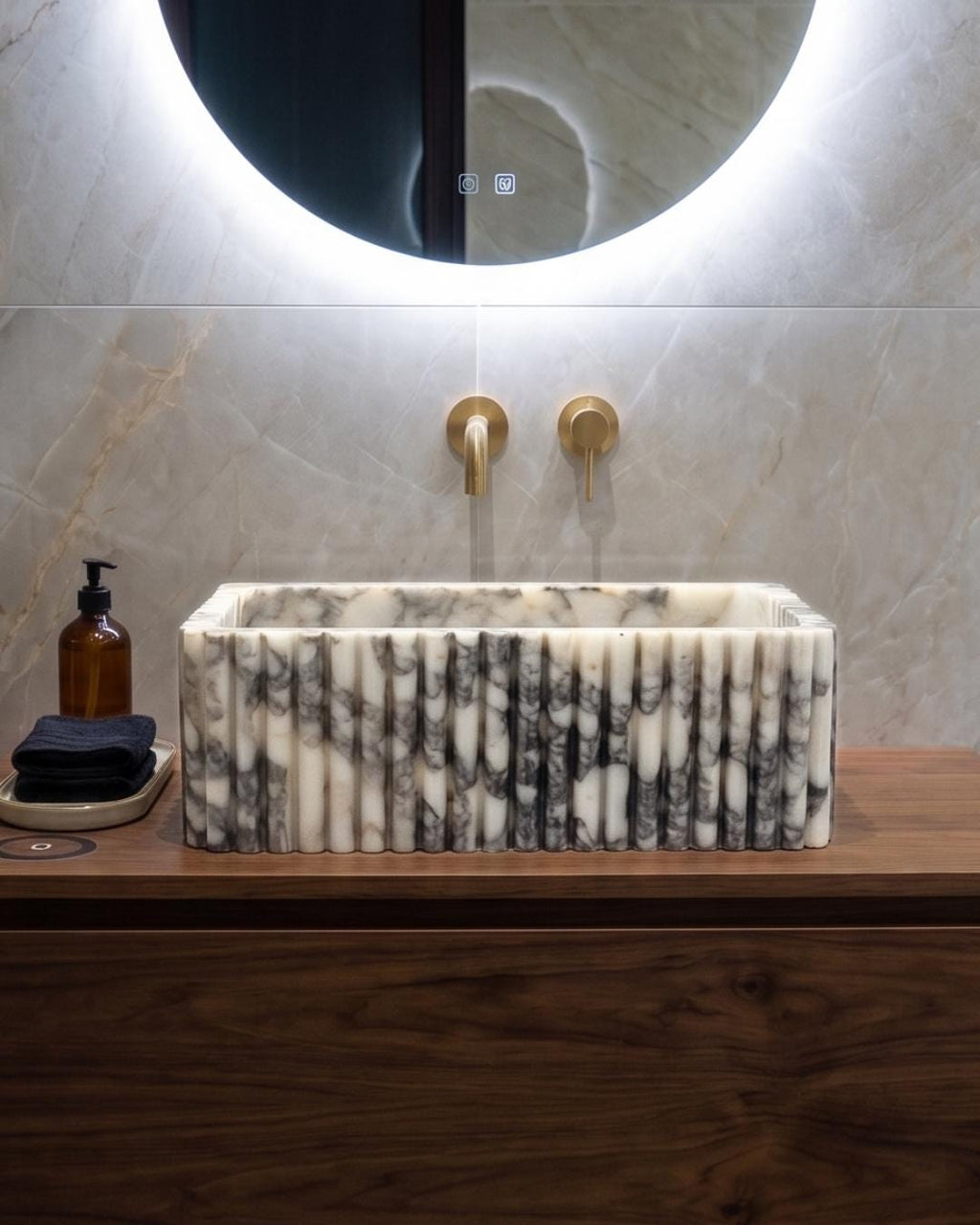 Calacatta Viola Marble Sink, Fluted Vessel Basin, Custom Size Wall Mounted Bathroom Sink, Hand Carved Stone Vanity