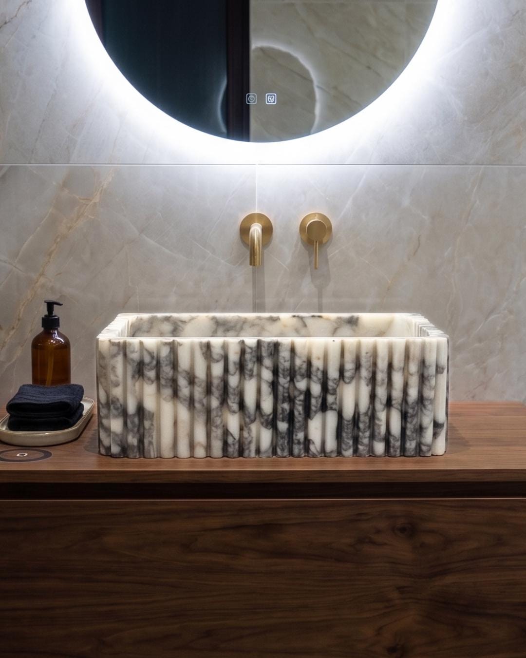Calacatta Viola Marble Sink, Fluted Vessel Basin, Custom Size Wall Mounted Bathroom Sink, Hand Carved Stone Vanity