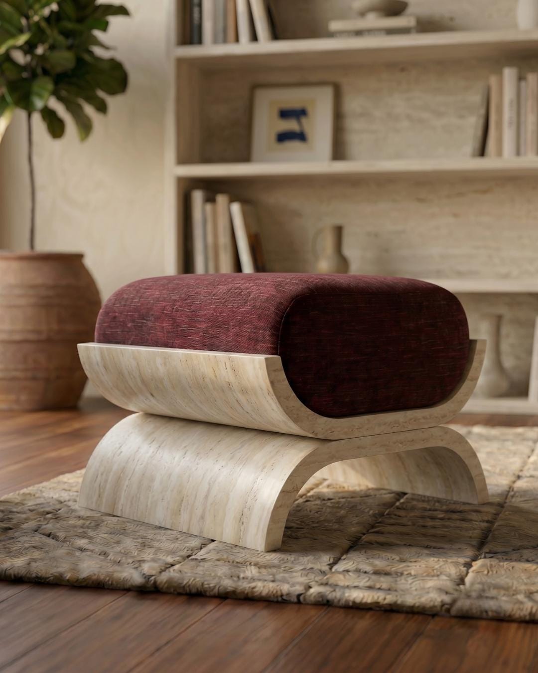 Travertine Upholstered Bench, Natural Stone Ottoman Seat, Handmade Luxury Furniture