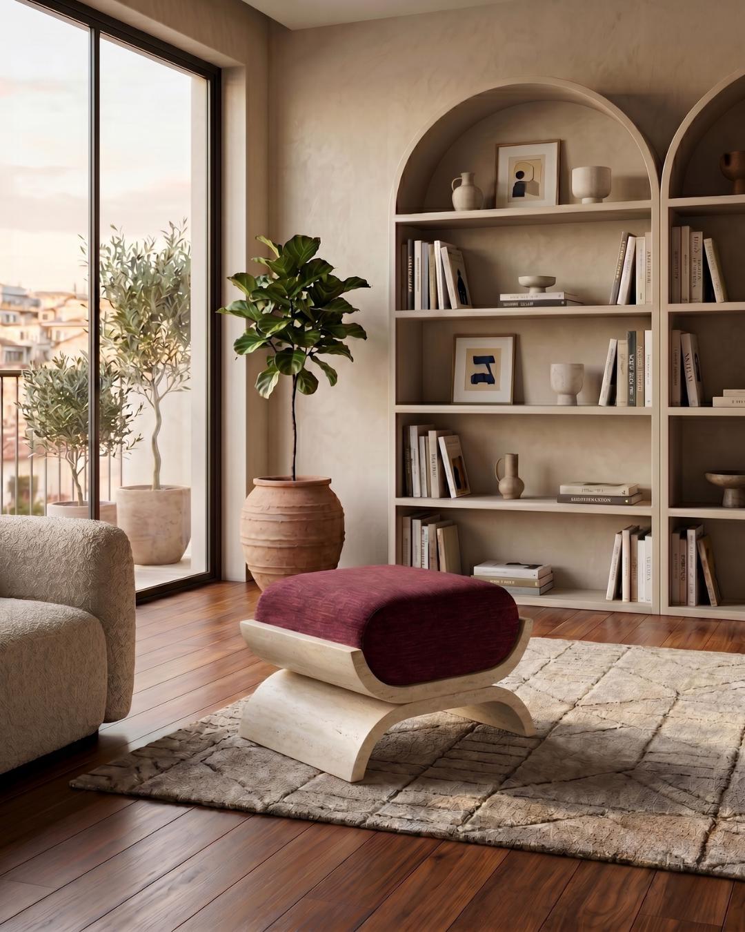 Travertine Upholstered Bench, Natural Stone Ottoman Seat, Handmade Luxury Furniture