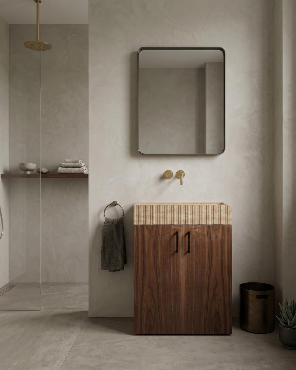 Travertine Floating Vanity, Fluted Sink, Wood Cabinet, Wall Mounted Bathroom Furniture