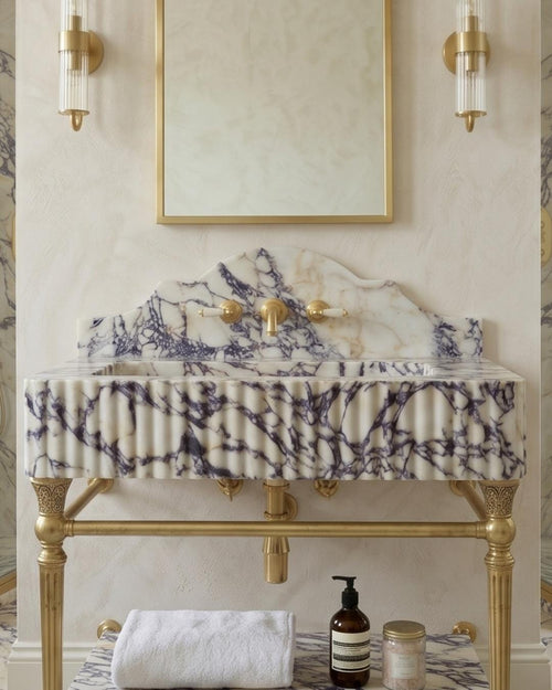 Calacatta Viola Marble Sink with Backsplash, Wall Mounted Bathroom Basin, Hand Carved Natural Stone Washbasin, Custom Size