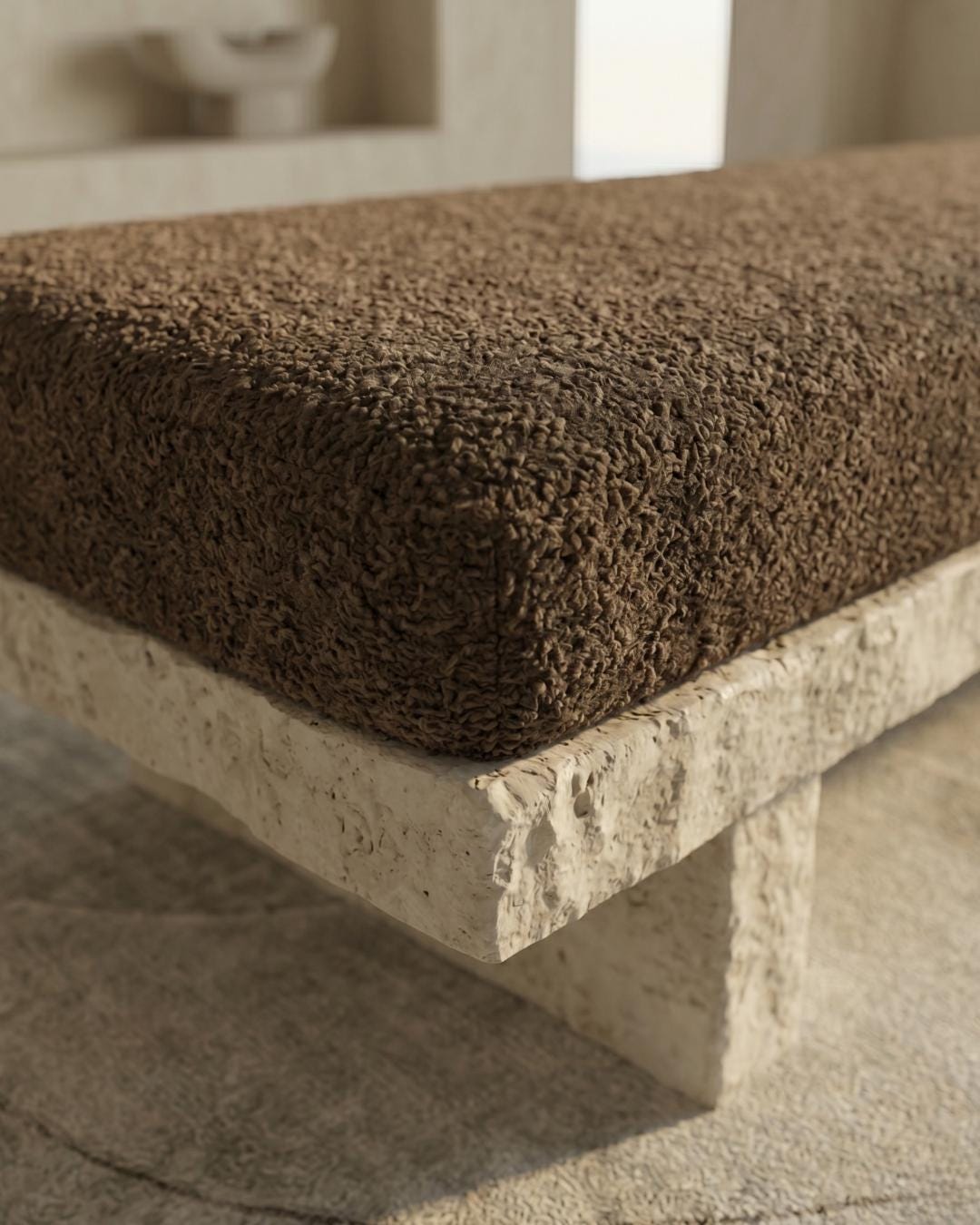 Travertine Natural Form Upholstered Bench, Natural Stone Ottoman Seat, Handmade Luxury Furniture