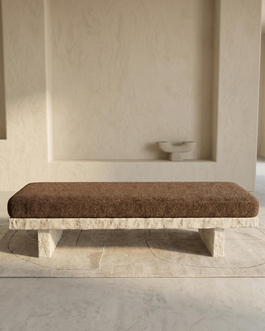 Travertine Natural Form Upholstered Bench, Natural Stone Ottoman Seat, Handmade Luxury Furniture