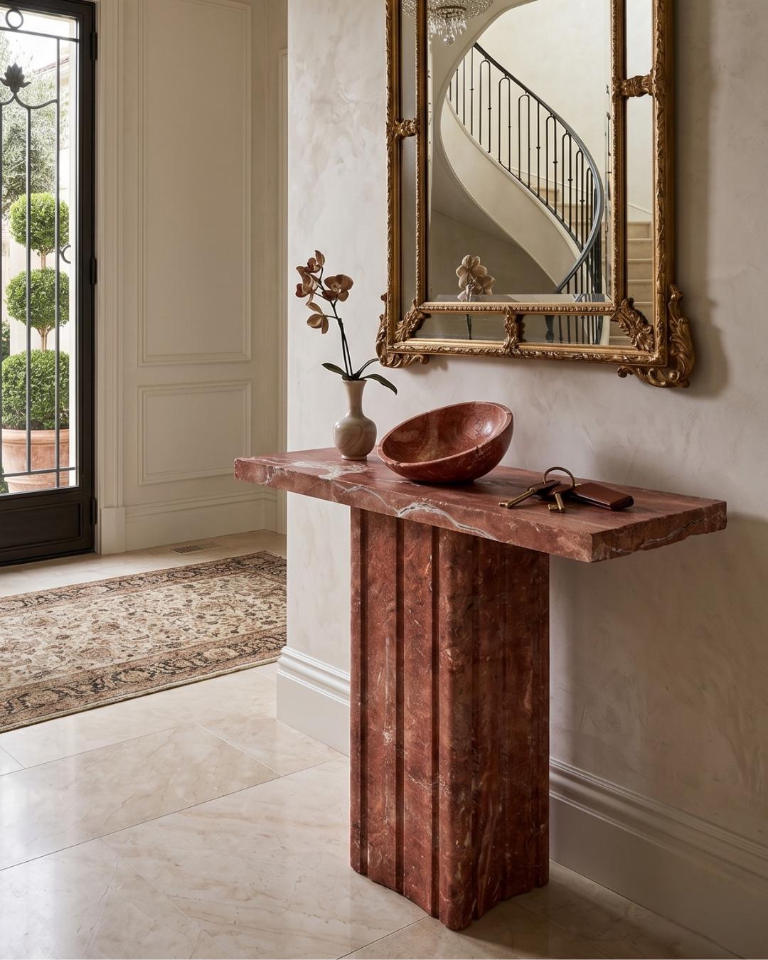 Red Travertine Console Table, Natural Stone Entryway Table, Fluted Pedestal Marble Hallway Table, Custom Luxury Stone Furniture