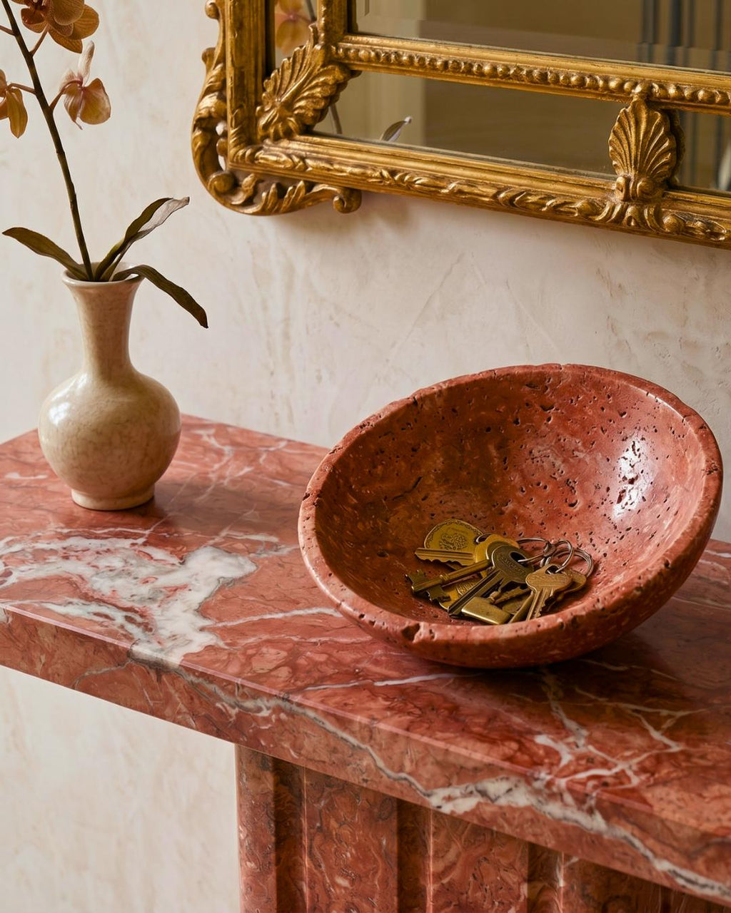 Red Travertine Console Table, Natural Stone Entryway Table, Fluted Pedestal Marble Hallway Table, Custom Luxury Stone Furniture
