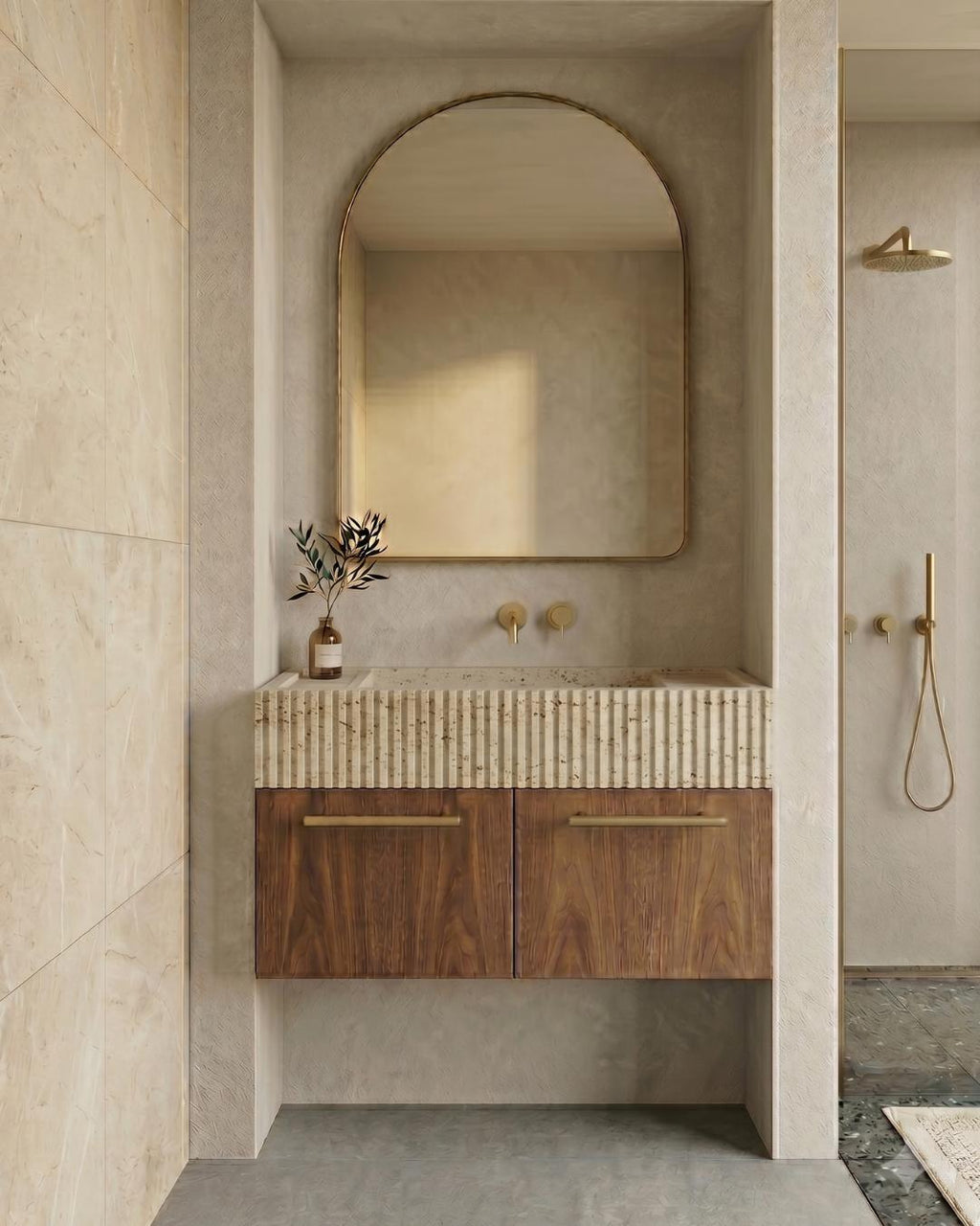 Travertine Floating Vanity, Fluted Sink, Wood Cabinet, Wall Mounted Bathroom Furniture