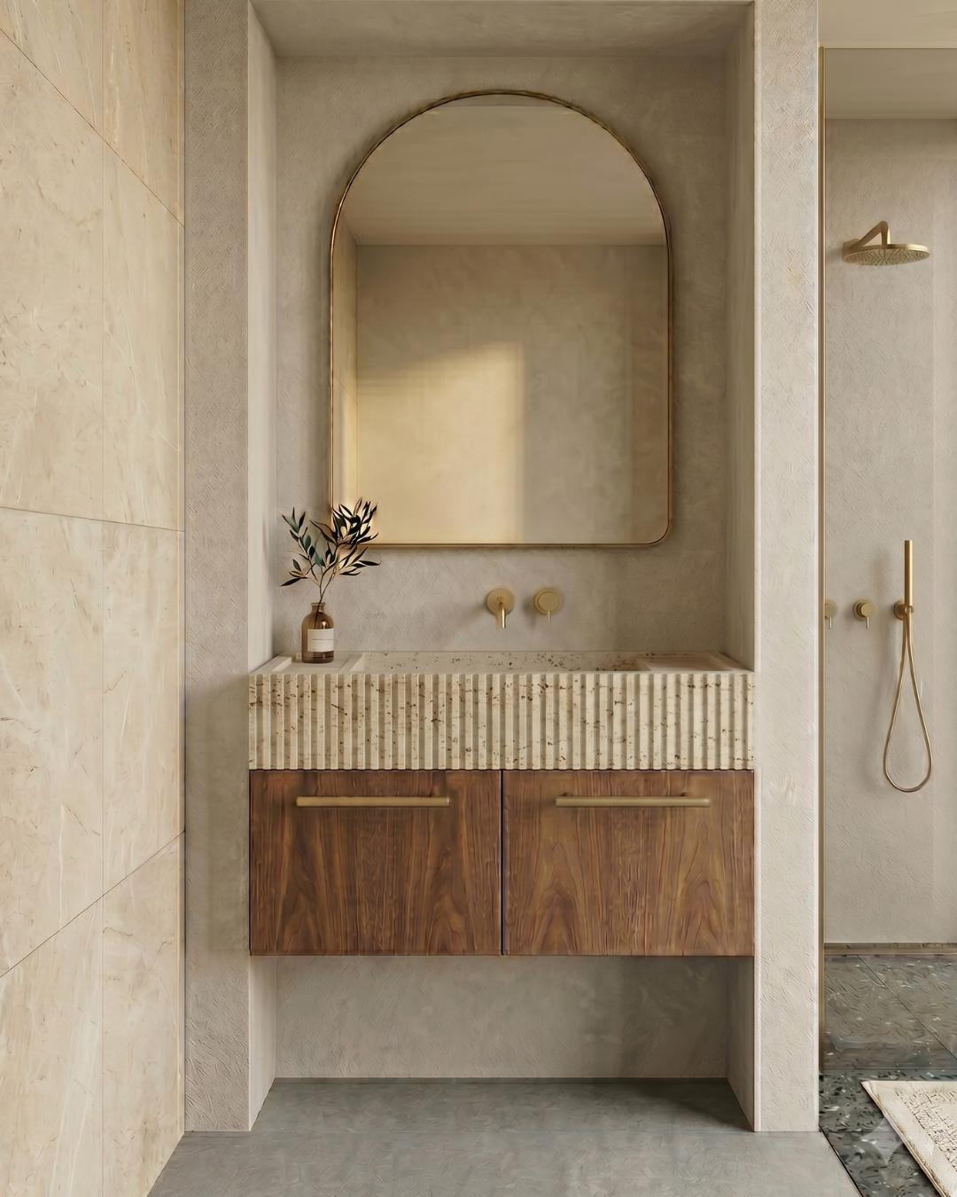 Travertine Floating Vanity, Fluted Sink, Wood Cabinet, Wall Mounted Bathroom Furniture