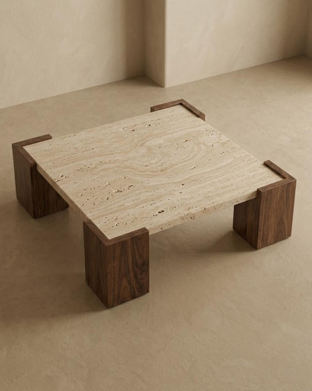 Travertine Coffee Table with Wood Legs, Natural Stone Center Table, Custom Modern Living Room Table, Luxury Handmade Furniture