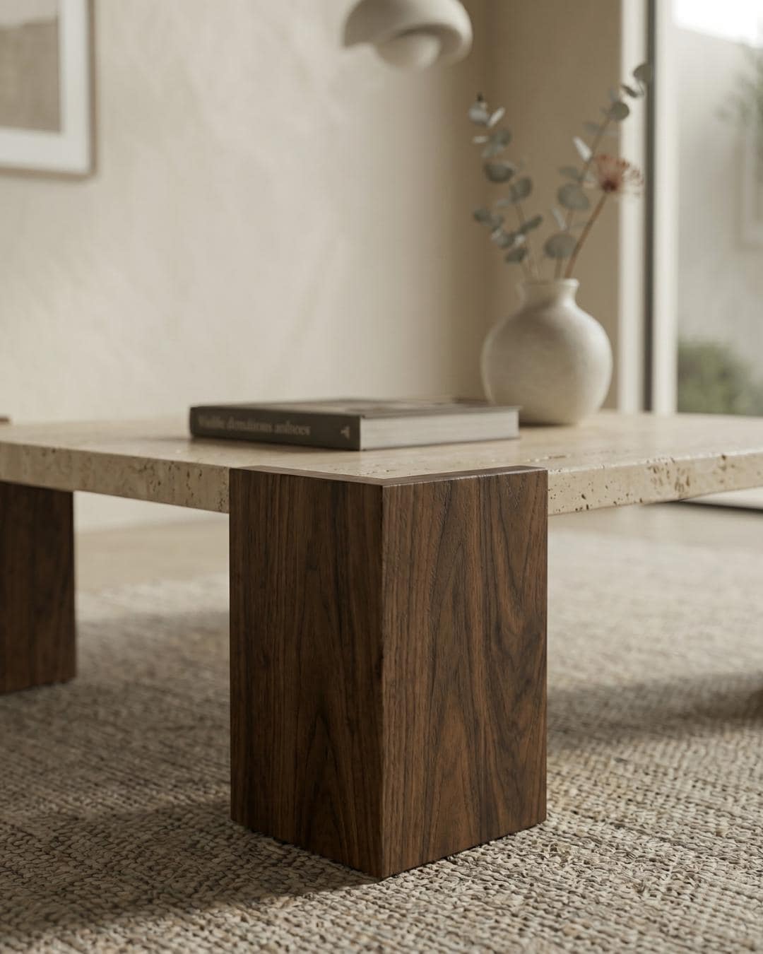 Travertine Coffee Table with Wood Legs, Natural Stone Center Table, Custom Modern Living Room Table, Luxury Handmade Furniture