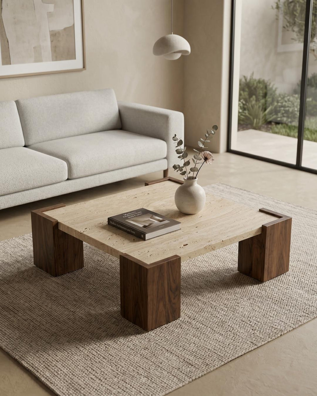 Travertine Coffee Table with Wood Legs, Natural Stone Center Table, Custom Modern Living Room Table, Luxury Handmade Furniture