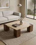 Travertine Coffee Table with Wood Legs, Natural Stone Center Table, Custom Modern Living Room Table, Luxury Handmade Furniture