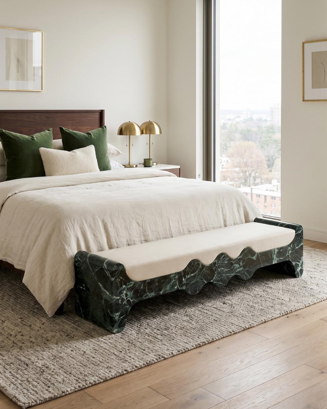 Green Marble Bench, Verde Levanto Ottoman Pouf, Luxury Stone Bench, Upholstered Bedroom Furniture