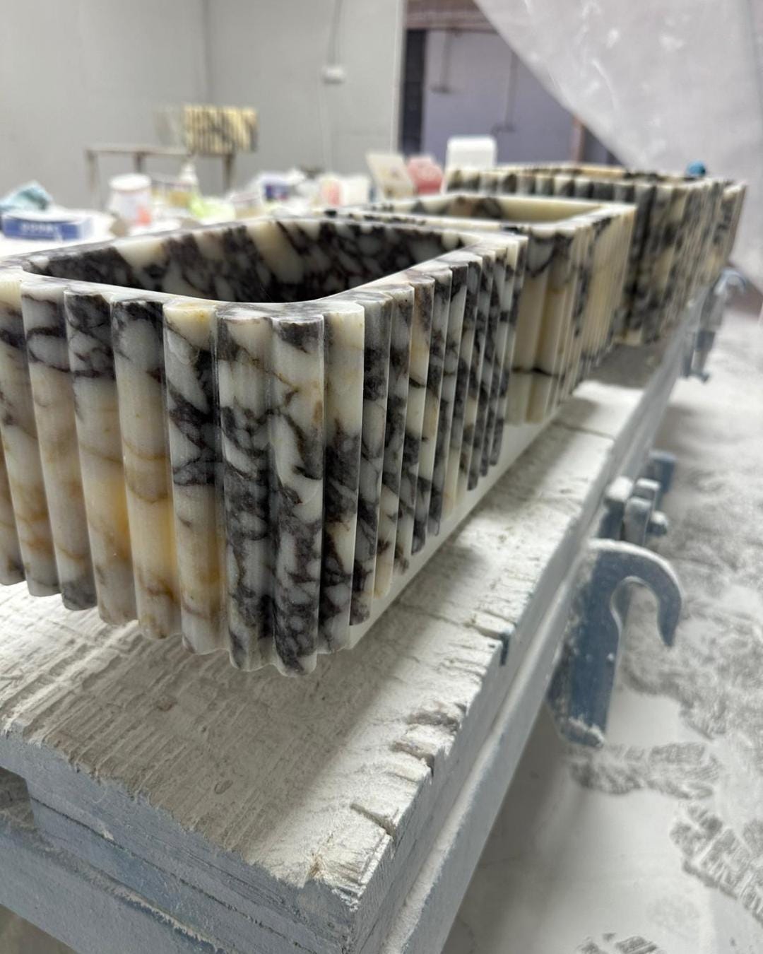 Calacatta Viola Marble Sink, Fluted Vessel Basin, Custom Size Wall Mounted Bathroom Sink, Hand Carved Stone Vanity